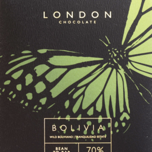 Front packaging of London Chocolate 70% Bolivia with black background and green butterfly in foreground